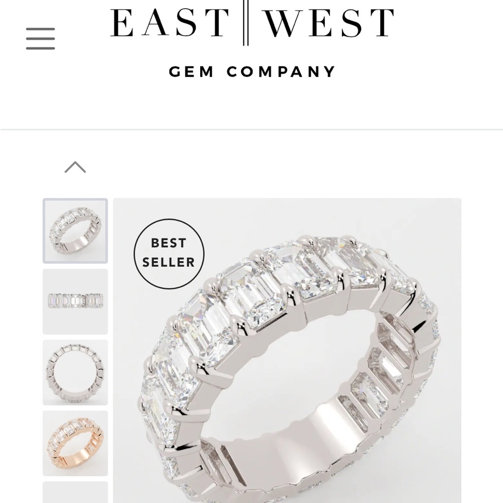 East West Gem Co. moissanite “Celine” eternity band with emerald stones